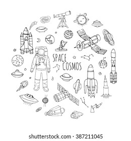 Hand drawn doodle Space and Cosmos set Vector illustration Universe icons Space concept elements Rocket Space ship symbols collection Solar system Planets Galaxy Milky Way Astronaut Tech freehand icon