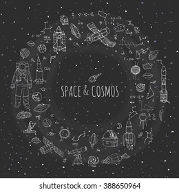 Hand drawn doodle Space and Cosmos set Vector illustration Universe icons Space concept elements Rocket Space ship symbols collection Solar system Planets Galaxy Milky Way Astronaut Tech freehand icon