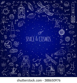 Hand drawn doodle Space and Cosmos set Vector illustration Universe icons Space concept elements Rocket Space ship symbols collection Solar system Planets Galaxy Milky Way Astronaut Tech freehand icon