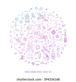 Hand drawn doodle Space and Cosmos set Vector illustration Universe icons Space concept elements Rocket Space ship symbols collection Solar system Planets Galaxy Milky Way Astronaut Tech freehand icon