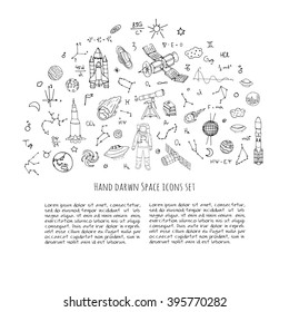 Hand drawn doodle Space and Cosmos set Vector illustration Universe icons Space concept elements Rocket Space ship symbols collection Solar system Planets Galaxy Milky Way Astronaut Tech freehand icon