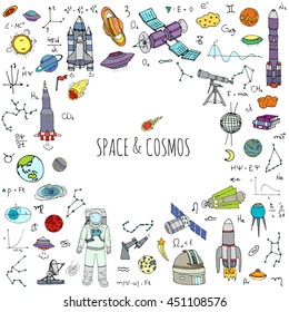 Hand drawn doodle Space and Cosmos set. Vector illustration. Universe icons. Rocket, Space ship Symbols collection. Solar system, Planets, Galaxy, Milky Way, Astronaut. Tech freehand elements.