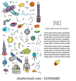 Hand drawn doodle Space and Cosmos set Vector illustration Universe icons Space concept elements Rocket Space ship symbols collection Solar system Planets Galaxy Milky Way Astronaut Tech freehand icon