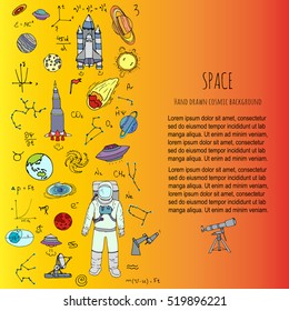 Hand drawn doodle Space and Cosmos set Vector illustration Universe icons Space concept elements Rocket Space ship symbols collection Solar system Planets Galaxy Milky Way Astronaut Tech freehand icon
