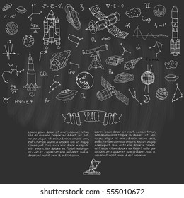 Hand drawn doodle Space and Cosmos set. Vector illustration. Universe icons. Rocket, Space ship Symbols collection. Solar system, Planets, Galaxy, Milky Way, Astronaut. Tech freehand elements.