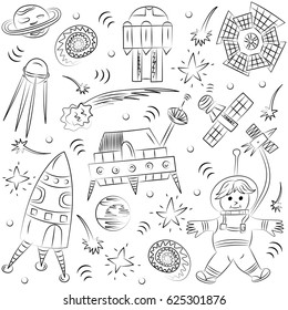 Hand Drawn Doodle Spaceman, Spaceships, Rockets, Falling Stars, Planets and Comets. Sketch Style. Vector Illustration.