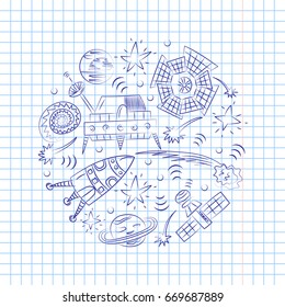 Hand Drawn Doodle Spaceships, Rockets, Falling Stars, Planets and Comets Arranged in a Circle on Copybook Sheet in a Cage. Sketch Style. Vector Illustration.