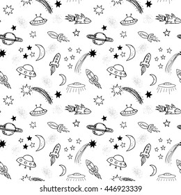 Hand drawn doodle spaceships and stars seamless pattern.