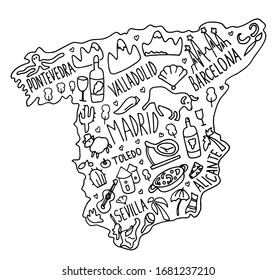 Hand drawn doodle Spain map. Spanish city names lettering and cartoon landmarks, tourist attractions cliparts. travel, trip comic infographic poster, banner concept design