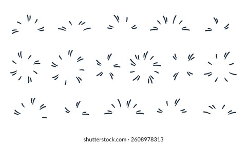 Hand drawn doodle sparkle element, stars. Sunburst icon set. Half Circles and circle burst of sun. Starburst symbols, explosion effects, bright firework. Shiny flashes, glowing light effect. Vector