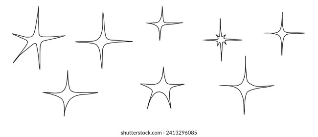 Hand drawn Doodle Sparkle twinkle stars symbols. Set of vector sparkle star icon. Bright magic firework, shiny flash, decoration twinkle. Glowing light effect. Stock vector isolated illustration. 