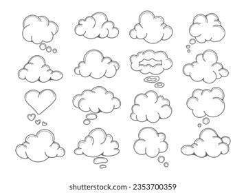 Hand drawn doodle speech bubble set. Talk bubbles contours, chat dialog quotes discussion text elements collection isolated line vector illustration