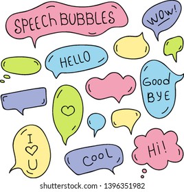 Hand drawn doodle speech bubbles. Vector set  of cartoon bubble with accentuation, filled with paint strokes and texts