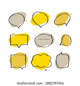 Hand drawn doodle speech bubbles set with accentuation, filled with paint strokes and abstract trendy shape.