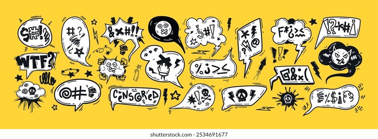 Hand drawn doodle speech bubbles with insult, curses, vulgar rage, swearwords or offensive language. Cuss words, censored symbols in comic dialog box on yellow background. Talk frame for angry, gossip