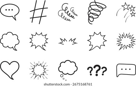 Bolhas de fala de doodle desenhadas à mão e elementos cômicos vetor definir contornos estilo desenhos animados