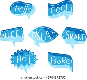Hand Drawn Doodle Speech Bubbles Set with Positive Words. Cartoon Vector Chat Boxes Collection.