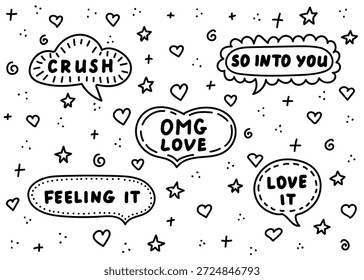 Hand drawn doodle speech bubbles with love phrases and hearts. Concept of online dating, romantic communication for Valentines Day. Vector illustration