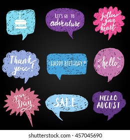 Hand drawn doodle speech bubbles set, modern brush calligraphy on hipster banner for invitations, greeting cards, chat, mobile devices and web.