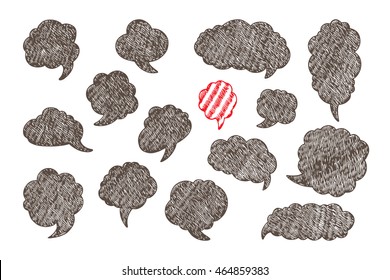 Hand Drawn doodle Speech and thought Bubbles.  Pencil hatching. Vector illustration