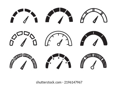 hand drawn doodle Speedometer, tachometer icon collection. Speed indicator sign set. . Vector illustration