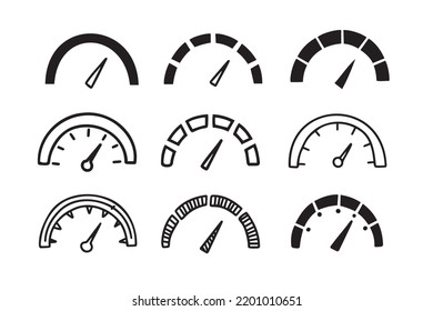 hand drawn doodle Speedometer, tachometer icon collection. Speed indicator sign set. . Vector illustration