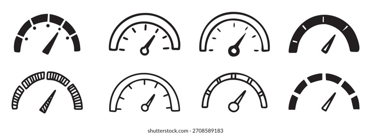 hand drawn doodle speedometer tachometer icon collection speed indicator sign set vector