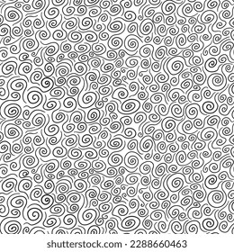 Hand drawn doodle spiral pattern. Seamless swirl print with black curves or spiral elements on white background. Illustration created digitally with a tablet