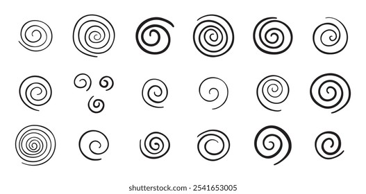 Hand drawn doodle spiral set. Drawing line spirals sketch style. Vector illustration