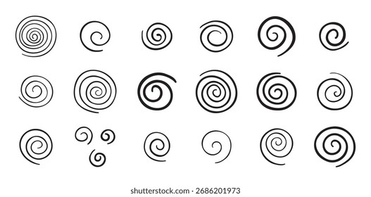 Conjunto de espiral de rabiscar desenhado à mão. Estilo de esboço das espirais de linha de desenho. Ilustração vetorial