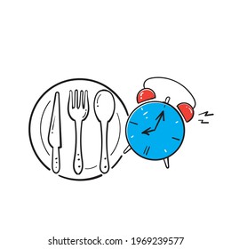 hand drawn doodle spoon and fork with clock symbol for meal time illustration icon