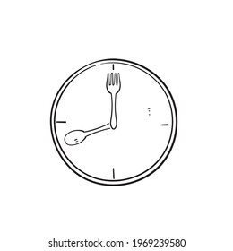 hand drawn doodle spoon and fork with clock symbol for meal time illustration icon