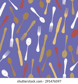 Hand Drawn Doodle  Spoon, Knife And Fork Seamless Pattern