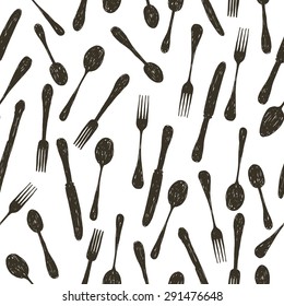Hand Drawn Doodle  Spoon, Knife And Fork Seamless Pattern