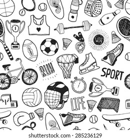 Hand drawn doodle sport background. Vector cartoon pattern with sport icons, cycling, skating, soccer, bowling, golf, tennis, baseball. 