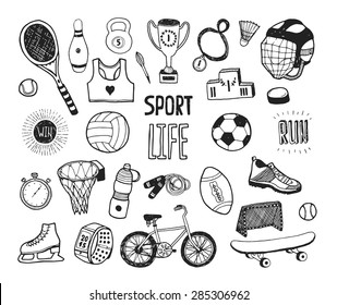 Hand drawn doodle sport collection. Vector sport icons, cycling, skating, soccer, bowling, golf, tennis, baseball. Cartoon healthy lifestyle set