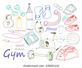 Hand drawn doodle sport elements. Colored graphic vector set. All elements are isolated