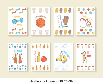 Hand drawn doodle sport games cards, brochures, covers including gymnastics, bowling, basketball, golf, hockey, skating, diving