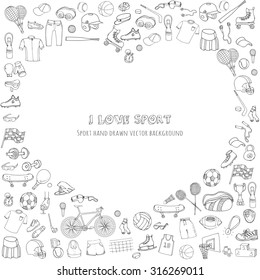 Hand drawn doodle sport set. Vector illustration. Sketchy sport related icons, tennis, golf, baseball, basketball, football, soccer, volleyball, rugby, hockey, fitness, boxing, running, bicycle