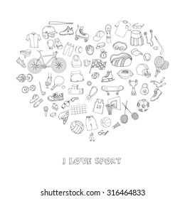 Hand drawn doodle sport set. Vector illustration. Sketchy sport related icons, tennis, golf, baseball, basketball, football, soccer, volleyball, rugby, hockey, fitness, boxing, running, bicycle