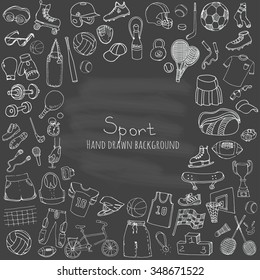 Hand drawn doodle Sport set Vector illustration Sketchy sport related icons Tennis Golf Baseball Basketball Football Soccer Volleyball Ruby Hockey Fitness Bodybuilding Boxing Running Bicycle