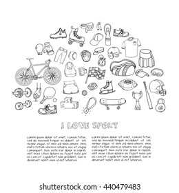 Hand drawn doodle Sport set Vector illustration sport related icons, tennis, golf, baseball, basketball, football, soccer, volleyball, rugby, hockey, fitness, boxing Sport concept collection Sketch