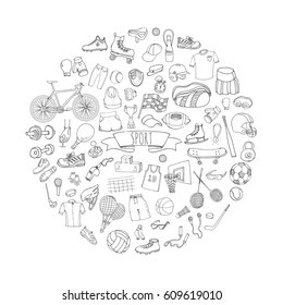 Hand drawn doodle Sport set. Vector sketchy fitness related icons, tennis, golf, baseball, basketball, football, soccer, volleyball, rugby, hockey, fitness, boxing, running, bicycle, trophy winner cup