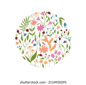  hand drawn doodle spring abstract flowers in circle composition