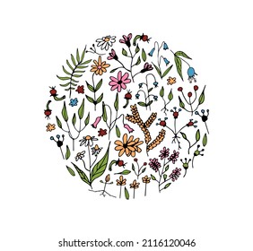  handgezeichnete doodle Feder abstrakte Blumen in Kreiszusammensetzung