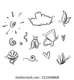 icono de colección de elementos doodle de resorte dibujado a mano 