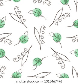 Hand drawn doodle spring floral seamless pattern with leaves and lily of the valley on a white background. Decorative vector background