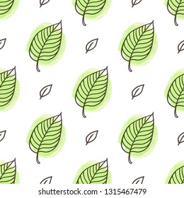 Hand drawn doodle spring floral seamless pattern with leaves and green watercolor blobs. Decorative vector background
