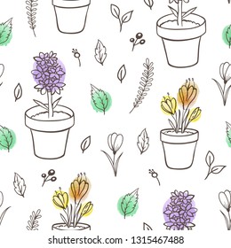 Hand drawn doodle spring floral seamless pattern with leaves and flowers in pots. Decorative vector background