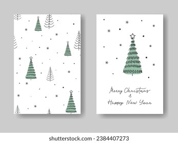 Hand drawn doodle spruce pine fir Bacgrounds set. Cute Xmas holidays card poster social media template. Merry Christmas celebration design element